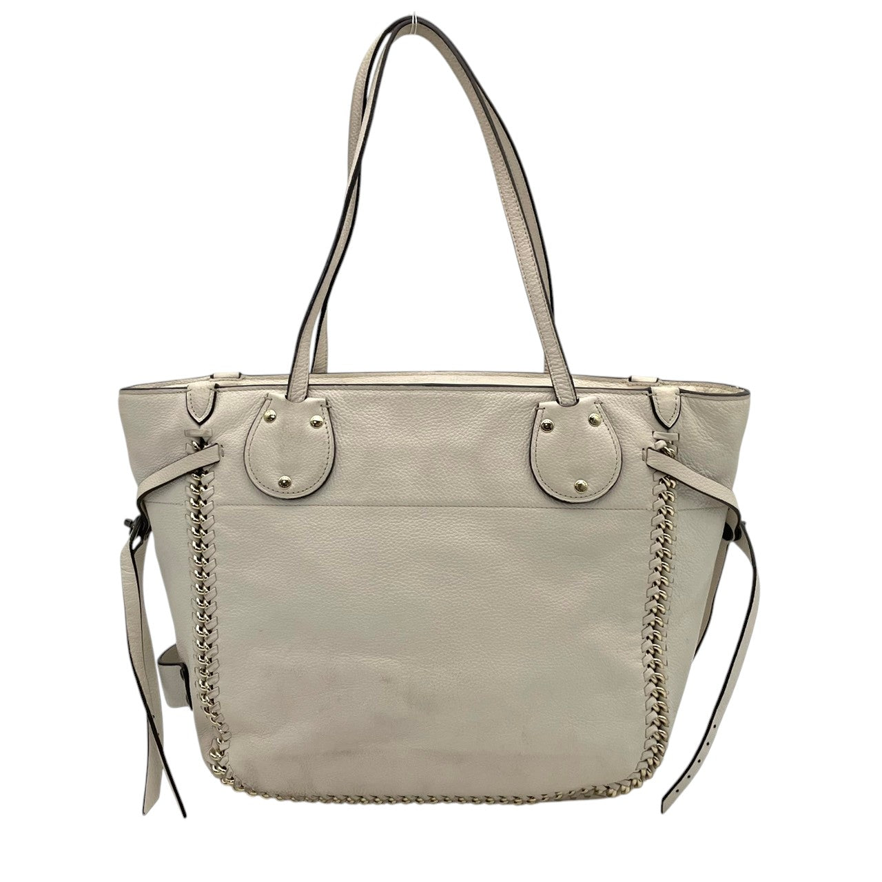 美品 COACH コーチ トートバッグ ペブルドレザー オフホワイト 白 シルバー チェーン編み込み ウィップステッチ スタッズ 牛革 大容量 2way レディース 通勤 普段使い 上品 ショルダー A4収納 U2