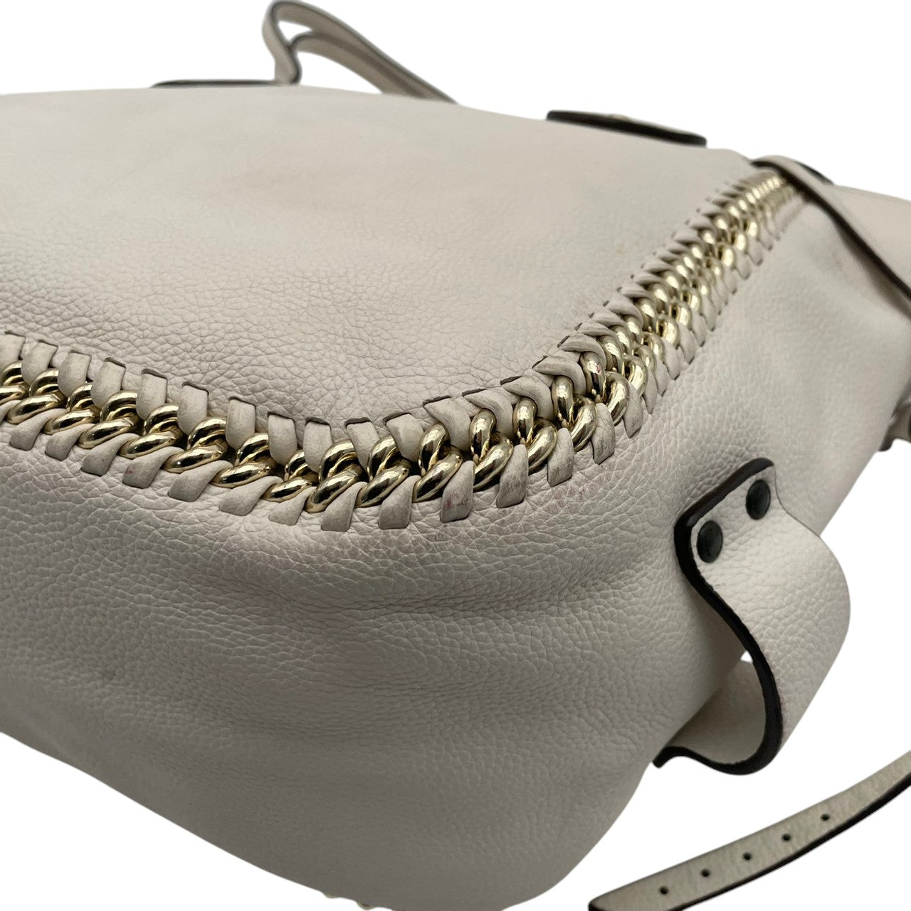 美品 COACH コーチ トートバッグ ペブルドレザー オフホワイト 白 シルバー チェーン編み込み ウィップステッチ スタッズ 牛革 大容量 2way レディース 通勤 普段使い 上品 ショルダー A4収納 U2