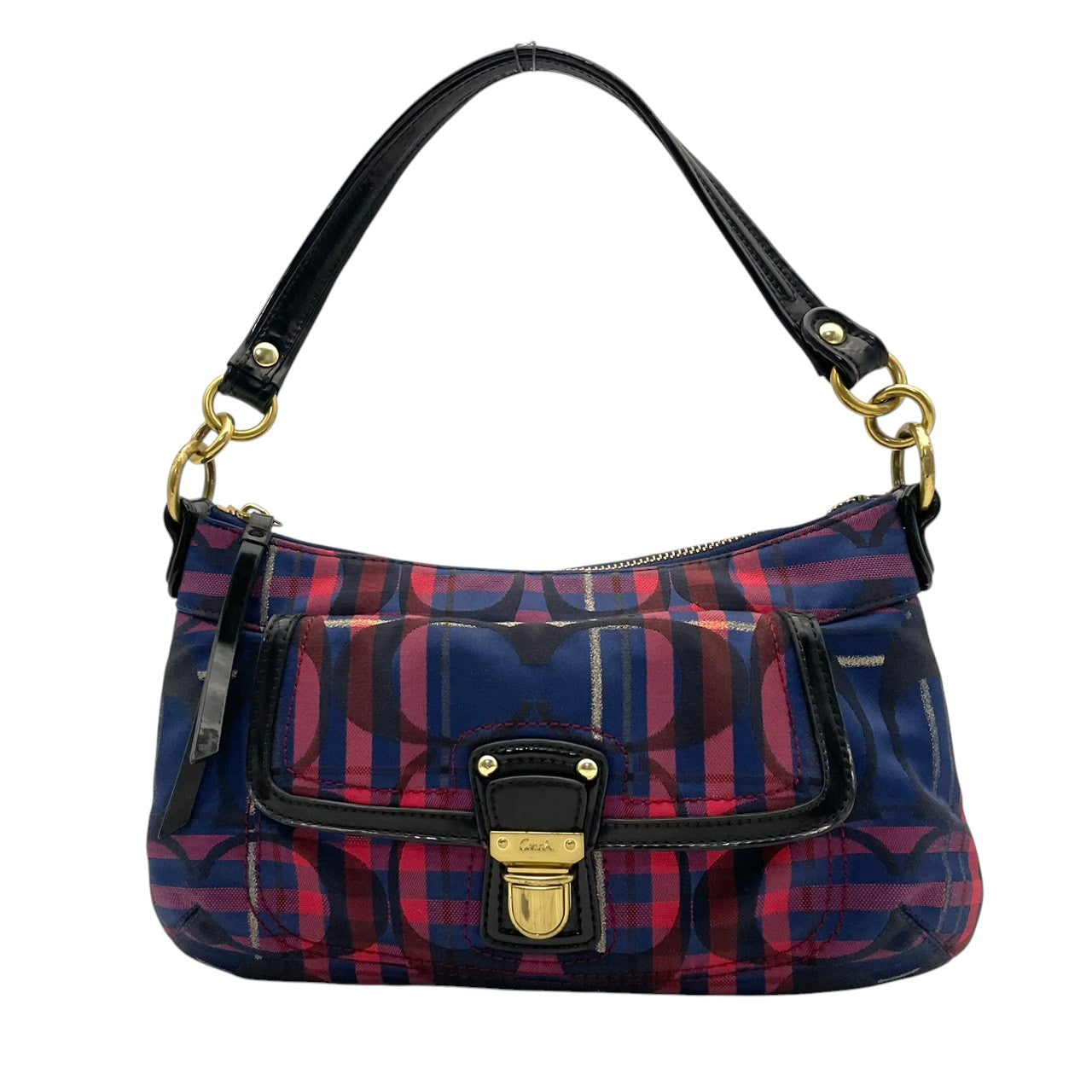 COACH コーチ ショルダーバッグ シグネチャー キャンバス パテントレザー タータンチェック ネイビー ボルドー ゴールド金具 Cロゴ 総柄 2way 斜めがけ レディース 普段使い ターンロック 21621 s94
