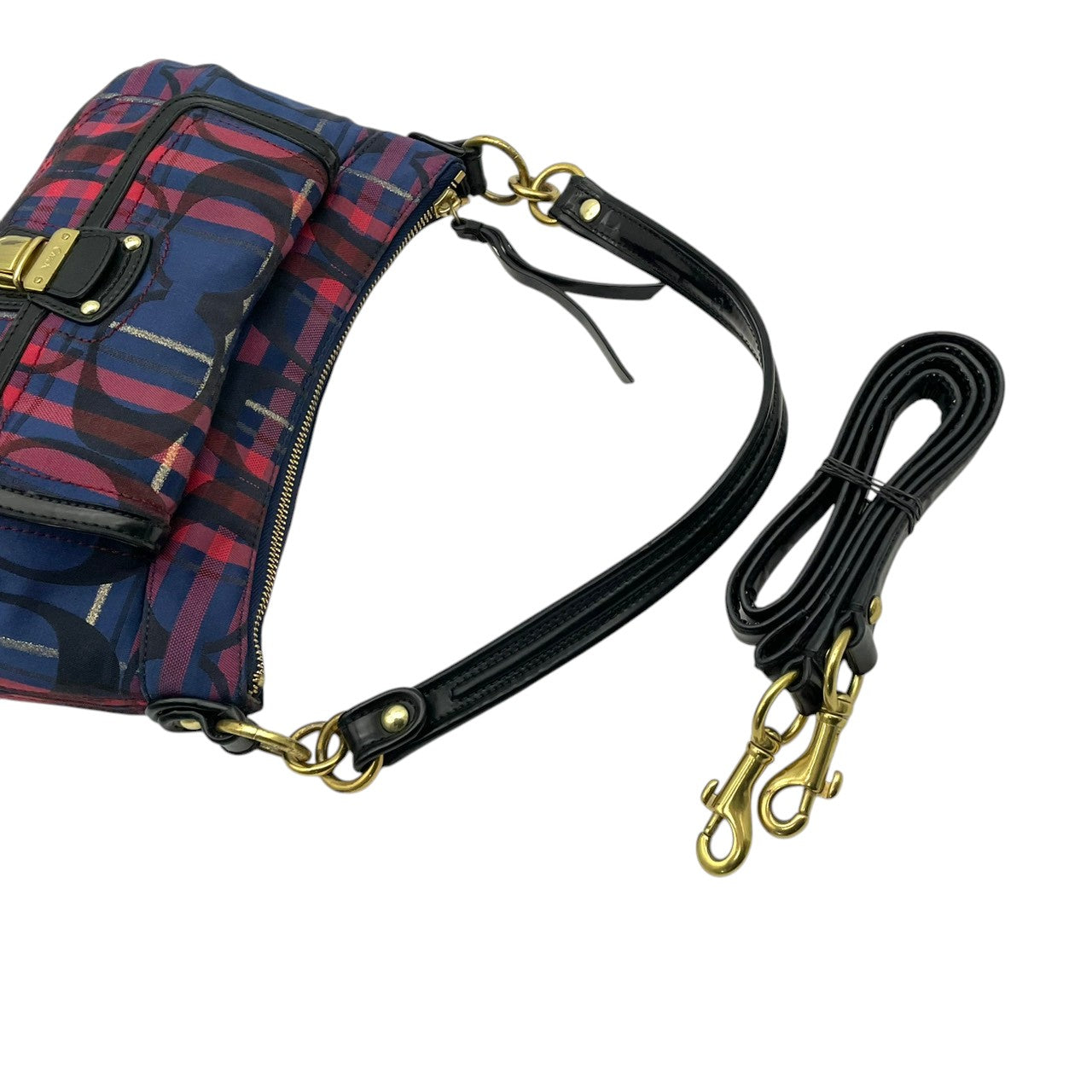 COACH コーチ ショルダーバッグ シグネチャー キャンバス パテントレザー タータンチェック ネイビー ボルドー ゴールド金具 Cロゴ 総柄 2way 斜めがけ レディース 普段使い ターンロック 21621 s94