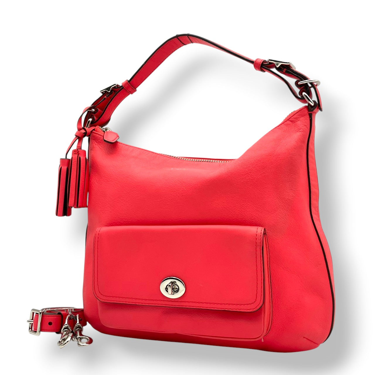 美品 COACH コーチ ショルダーバッグ レザー ピンク シルバー金具 牛革 2way フロントポケット タッセル ターンロック レディース 通勤 普段使い 斜めがけ フェミニン かわいい 大容量 22881 s94