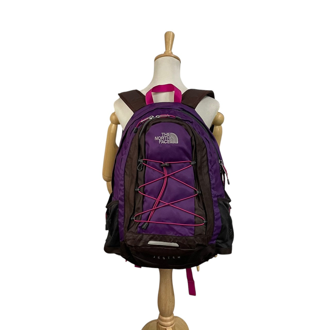 美品 THE NORTH FACE ノースフェイス 大型リュック デイパック ナイロン パープル×ブラウン レディース 大容量 アウトドア 登山 トレッキング 通学 旅行 チェストベルト 腰ベルト付き カジュアル ビンテージ s7