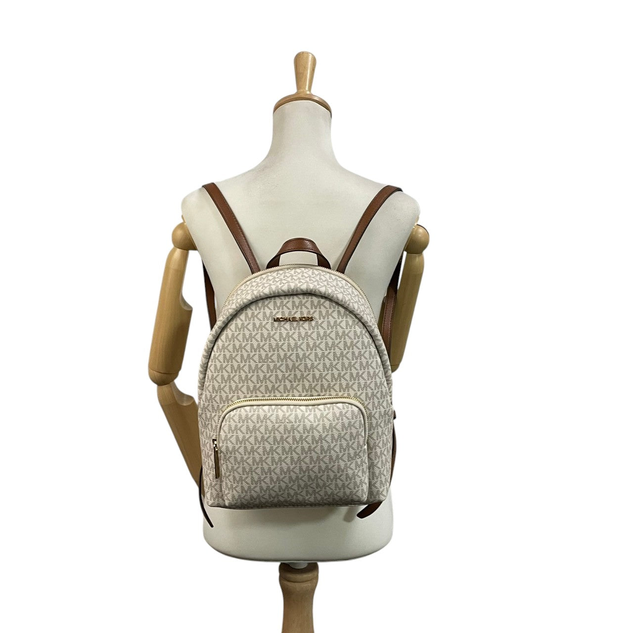 極美品 MICHAEL KORS マイケルコース Erin ミディアム リュック デイパック MKシグネチャー総柄 PVC×レザー バニラ アイボリー×ブラウン レディース ゴールド金具 上品 軽量 通勤 通学 デイリー お出かけ 人気定番 s18