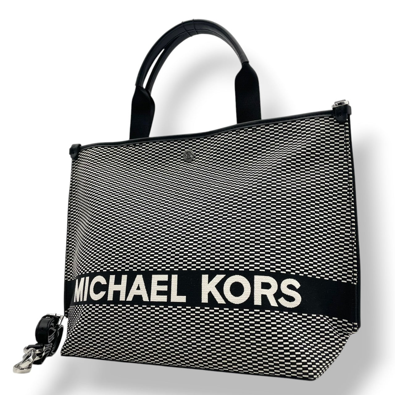 極美品 MICHAEL KORS マイケルコース ラージ トートバッグ 2way ジャカード キャンバス×レザー ホワイト×ブラック ロゴ レディース シルバー金具 大容量 A4収納 通勤 通学 デイリー お出かけ 軽量 s18