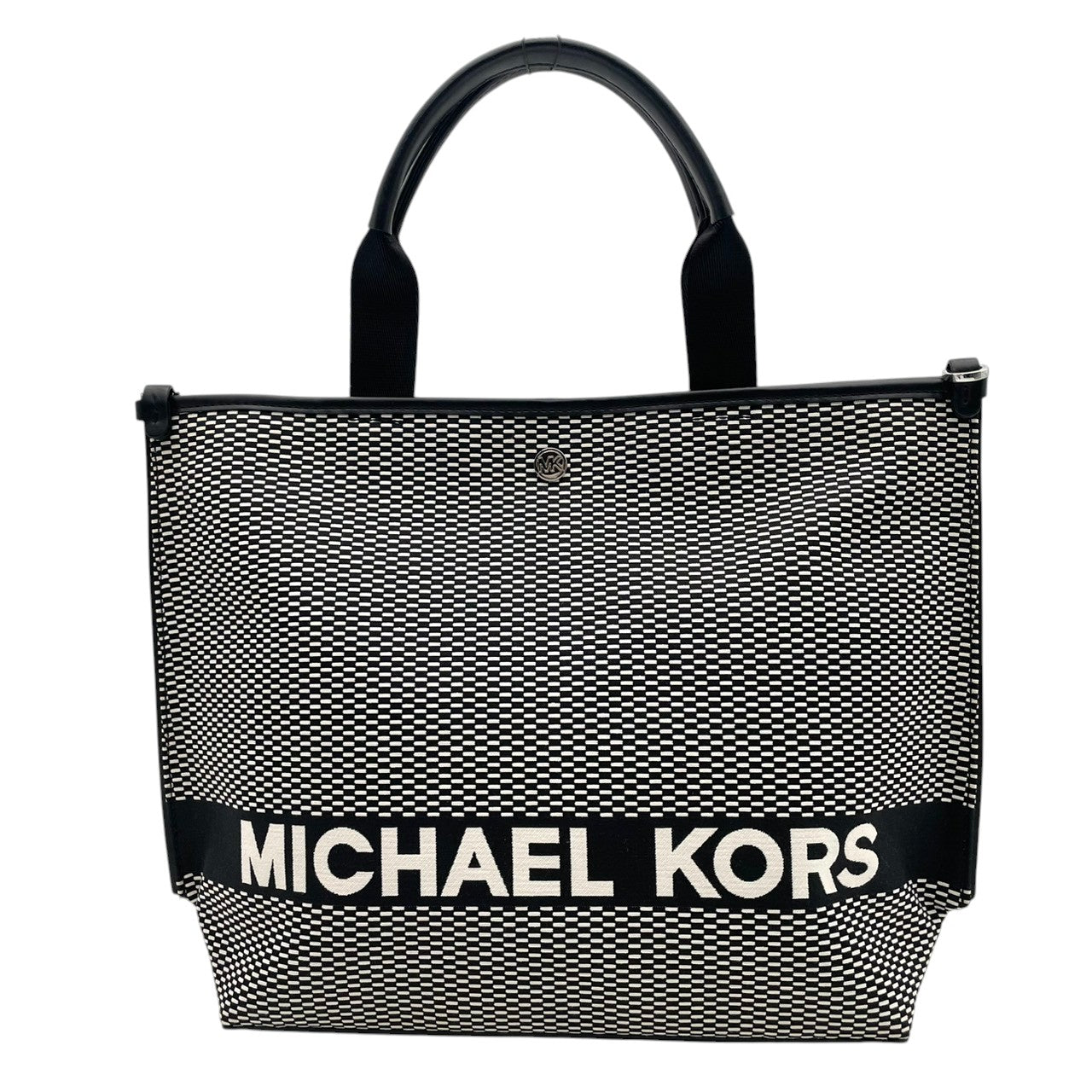 極美品 MICHAEL KORS マイケルコース ラージ トートバッグ 2way ジャカード キャンバス×レザー ホワイト×ブラック ロゴ レディース シルバー金具 大容量 A4収納 通勤 通学 デイリー お出かけ 軽量 s18