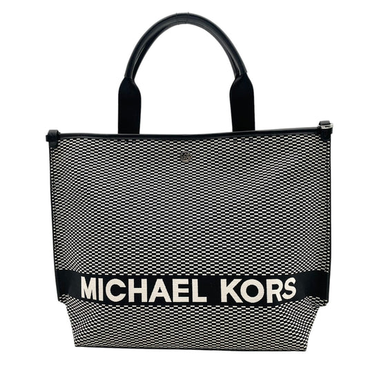 極美品 MICHAEL KORS マイケルコース ラージ トートバッグ 2way ジャカード キャンバス×レザー ホワイト×ブラック ロゴ レディース シルバー金具 大容量 A4収納 通勤 通学 デイリー お出かけ 軽量 s18