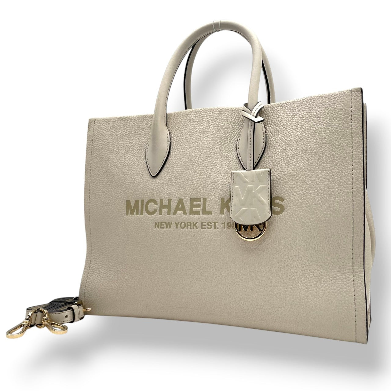 美品 MICHAEL KORS マイケルコース Mirella ラージ トートバッグ 2way レザー アイボリー ホワイト レディース ゴールド金具 エンボスロゴ MKチャーム 大容量 A4収納 通勤 上品 デイリー お出かけ s18