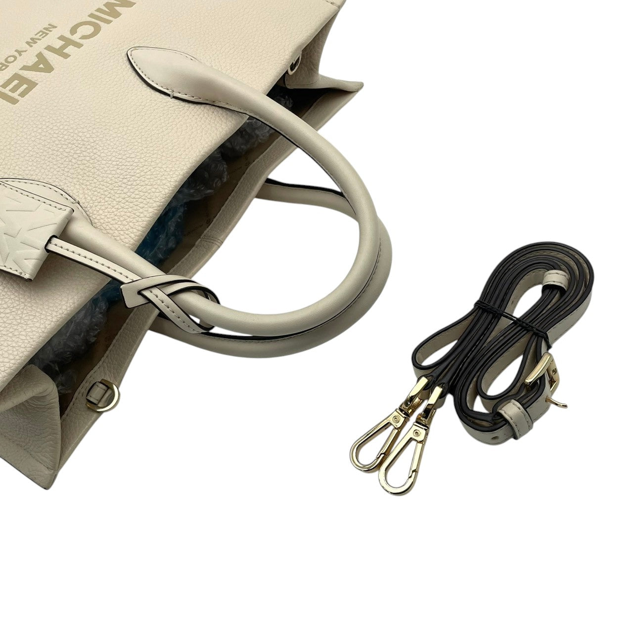 美品 MICHAEL KORS マイケルコース Mirella ラージ トートバッグ 2way レザー アイボリー ホワイト レディース ゴールド金具 エンボスロゴ MKチャーム 大容量 A4収納 通勤 上品 デイリー お出かけ s18