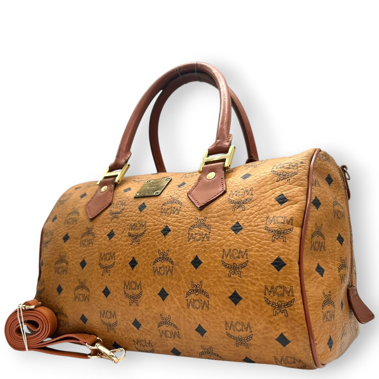 エムシーエム MCM ボストンバッグ ハンドバッグ ショルダーバッグ 2WAY ヴィセトス ロゴグラム 総柄 レザー 本革 ブラウン コニャック 斜め掛け可 肩掛け可 トラベル 旅行 レディース メンズ ユニセックス 鞄 カバン U