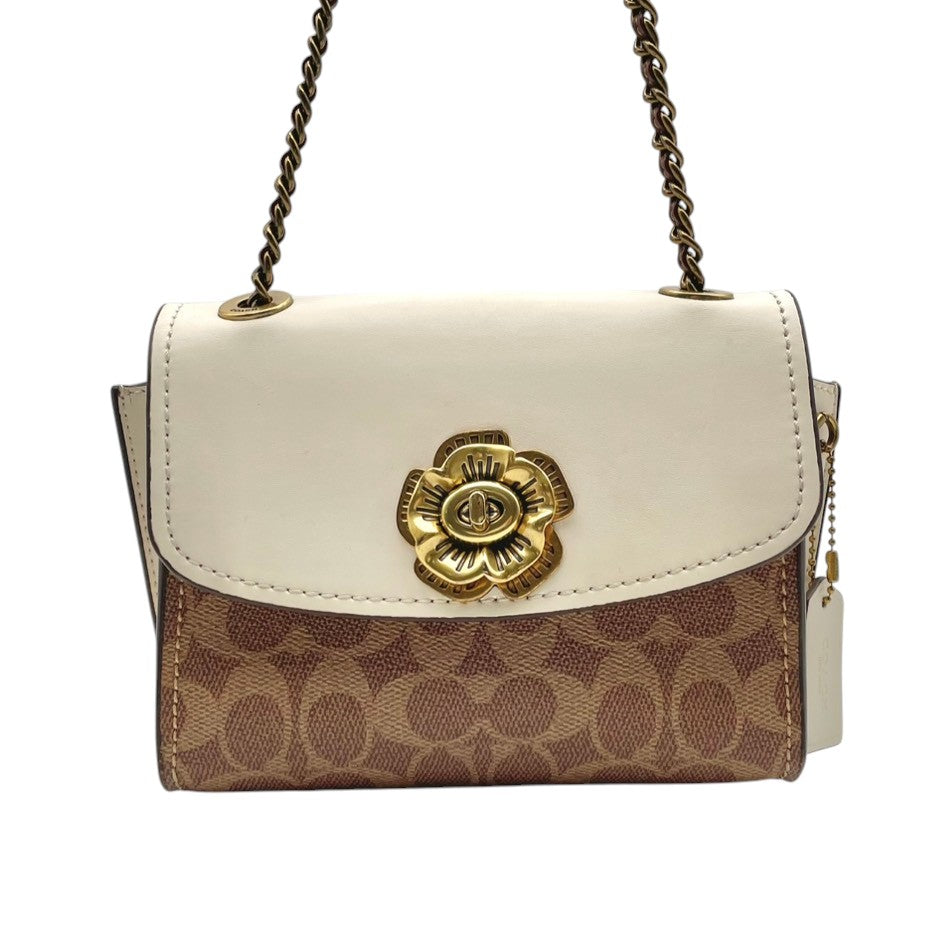 美品 コーチ COACH ショルダーバッグ ミニポシェット チェーン クロスボディ シグネチャー ハート PVC レザー ホワイト ブラウン 白 茶 エレガント クラシック カジュアル デート 旅行 トラベル レディース 斜め掛け可 鞄 U7