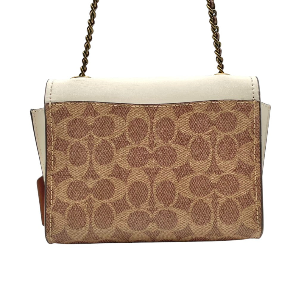 美品 コーチ COACH ショルダーバッグ ミニポシェット チェーン クロスボディ シグネチャー ハート PVC レザー ホワイト ブラウン 白 茶 エレガント クラシック カジュアル デート 旅行 トラベル レディース 斜め掛け可 鞄 U7