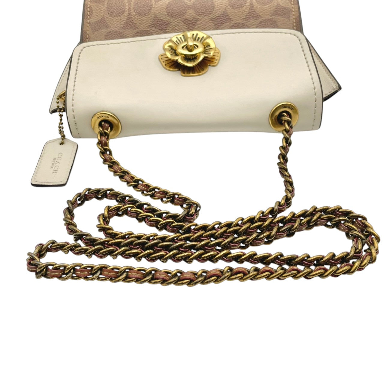美品 コーチ COACH ショルダーバッグ ミニポシェット チェーン クロスボディ シグネチャー ハート PVC レザー ホワイト ブラウン 白 茶 エレガント クラシック カジュアル デート 旅行 トラベル レディース 斜め掛け可 鞄 U7