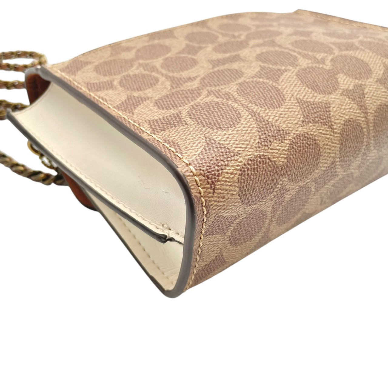 美品 コーチ COACH ショルダーバッグ ミニポシェット チェーン クロスボディ シグネチャー ハート PVC レザー ホワイト ブラウン 白 茶 エレガント クラシック カジュアル デート 旅行 トラベル レディース 斜め掛け可 鞄 U7