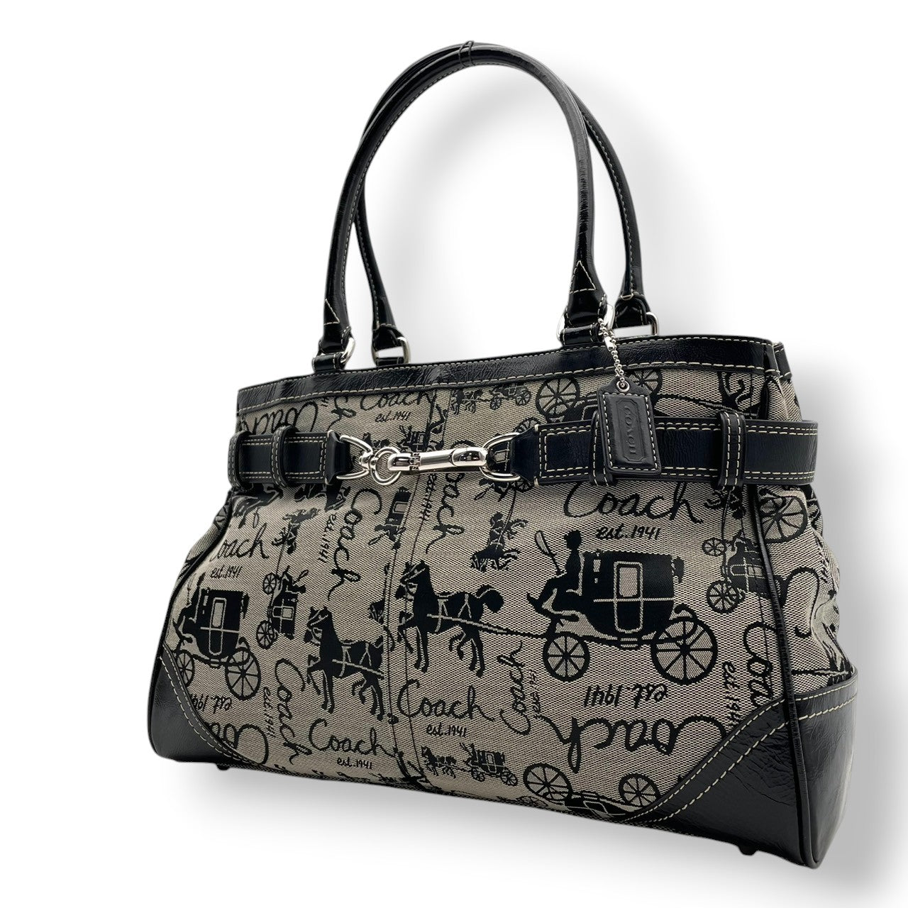 美品 コーチ COACH トートバッグ ワンショルダー ハンドバッグ シグネチャー キャンバス レザー グレー ブラック 黒 エレガント カジュアル ビジネス 通勤 通学 お出かけ 普段使い トラベル 旅行 大容量 レディース 自立可 肩掛け 鞄 S92