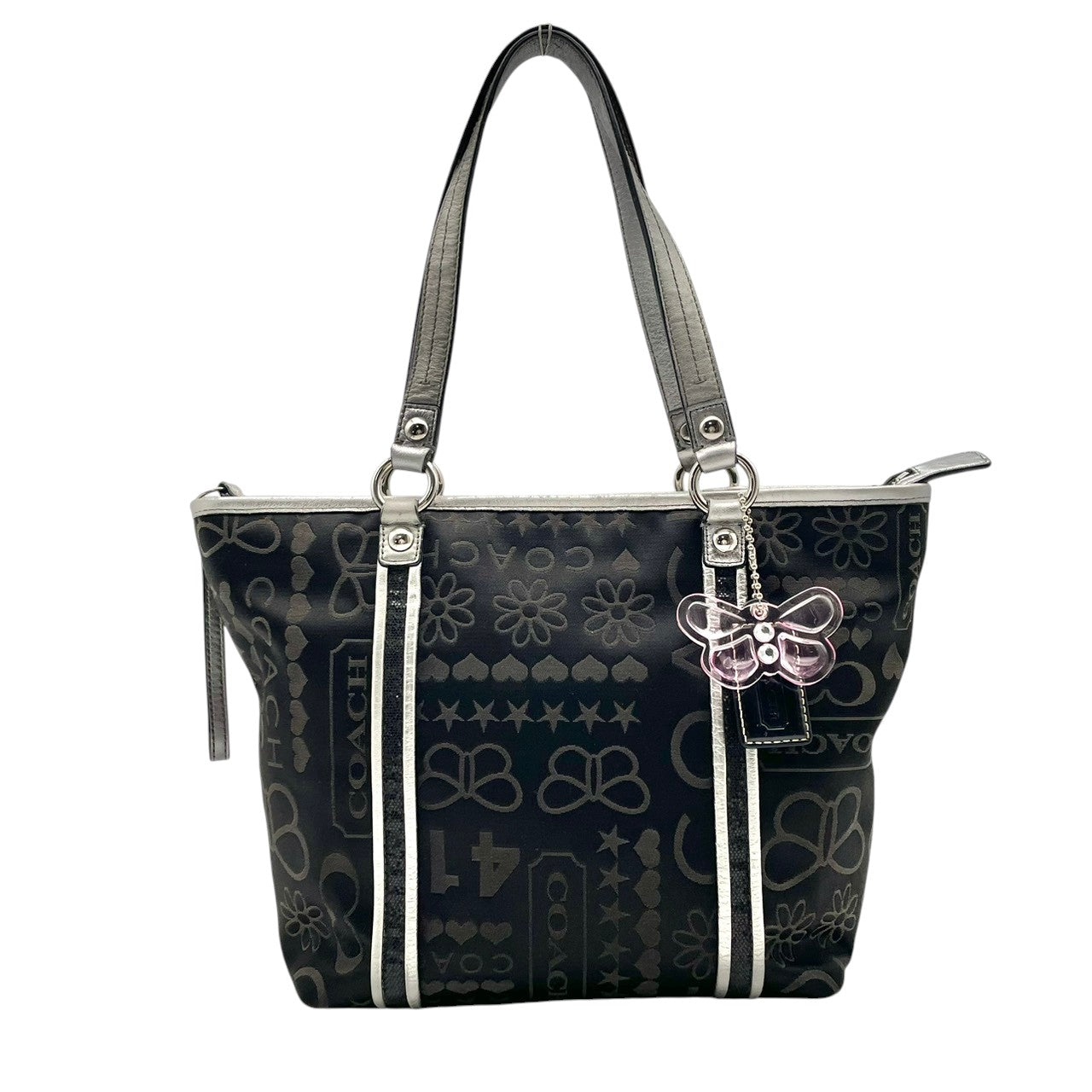 美品 コーチ COACH トートバッグ ワンショルダー シグネチャー キャンバス レザー ブラック 黒 グレー エレガント クラシック カジュアル ビジネス お出かけ 普段使い 通勤 通学 トラベル 旅行 A4収納可 レディース 自立可 肩掛け 鞄 s86
