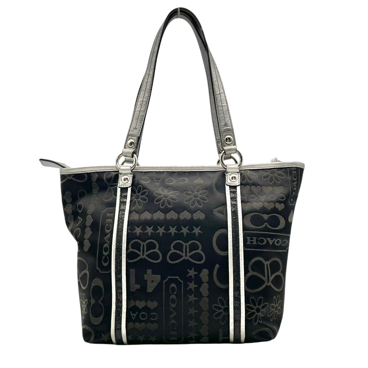 美品 コーチ COACH トートバッグ ワンショルダー シグネチャー キャンバス レザー ブラック 黒 グレー エレガント クラシック カジュアル ビジネス お出かけ 普段使い 通勤 通学 トラベル 旅行 A4収納可 レディース 自立可 肩掛け 鞄 s86
