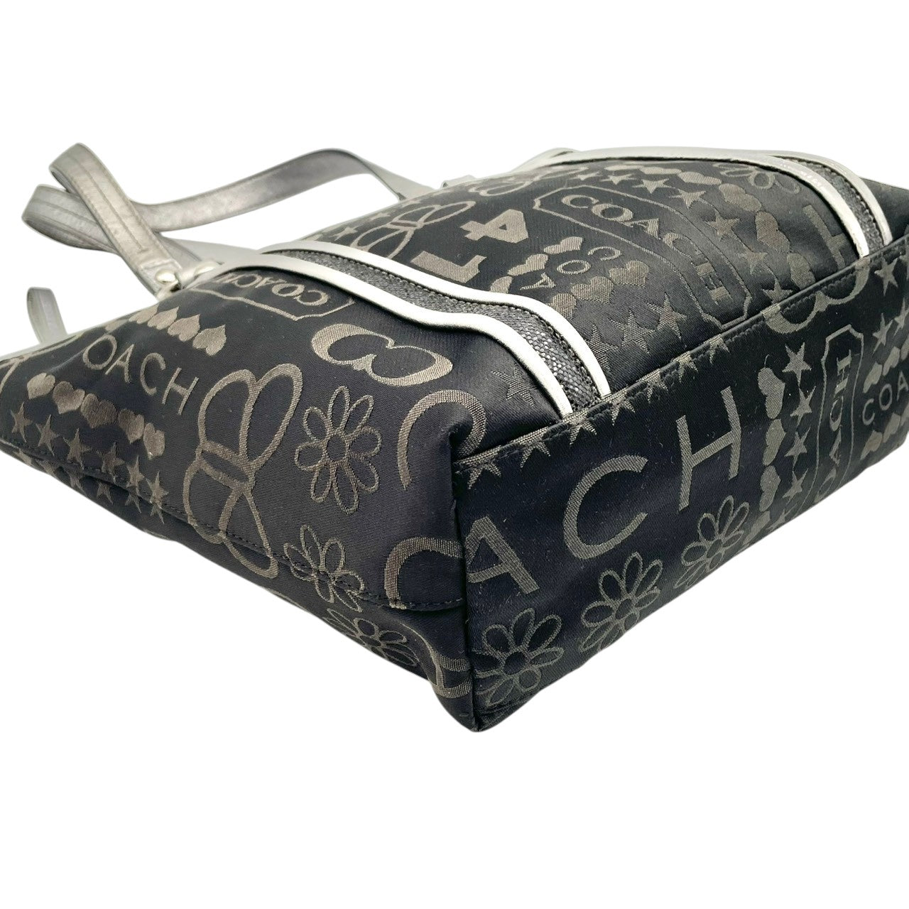美品 コーチ COACH トートバッグ ワンショルダー シグネチャー キャンバス レザー ブラック 黒 グレー エレガント クラシック カジュアル ビジネス お出かけ 普段使い 通勤 通学 トラベル 旅行 A4収納可 レディース 自立可 肩掛け 鞄 s86