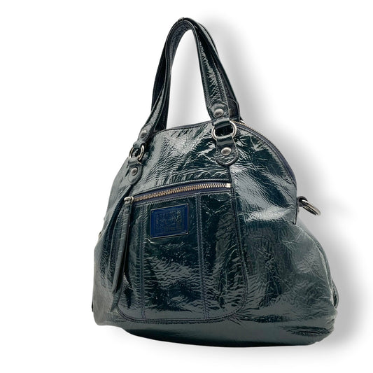 美品 コーチ COACH トートバッグ ハンドバッグ パテントレザー エナメル シグネチャー 型押し ネイビー 紺 エレガント クラシック カジュアル ビジネス お出かけ 普段使い 通勤 通学 トラベル 旅行 大容量 レディース 自立可 鞄 s86