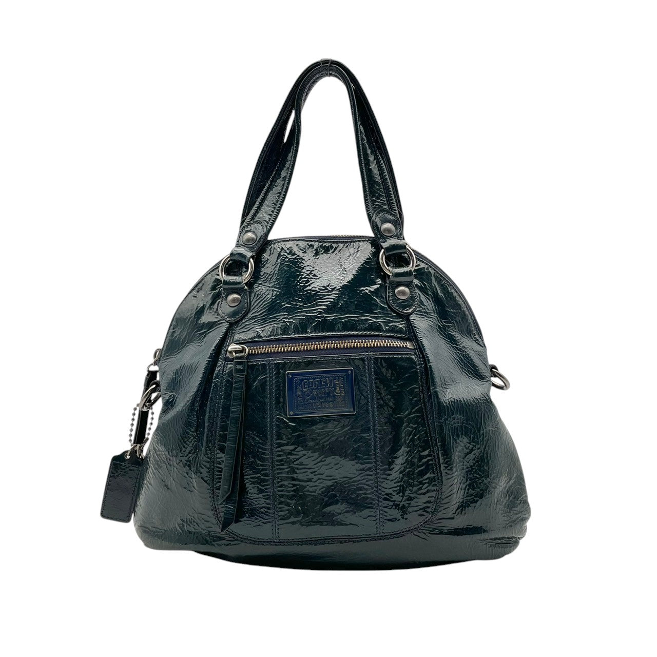 美品 コーチ COACH トートバッグ ハンドバッグ パテントレザー エナメル シグネチャー 型押し ネイビー 紺 エレガント クラシック カジュアル ビジネス お出かけ 普段使い 通勤 通学 トラベル 旅行 大容量 レディース 自立可 鞄 s86