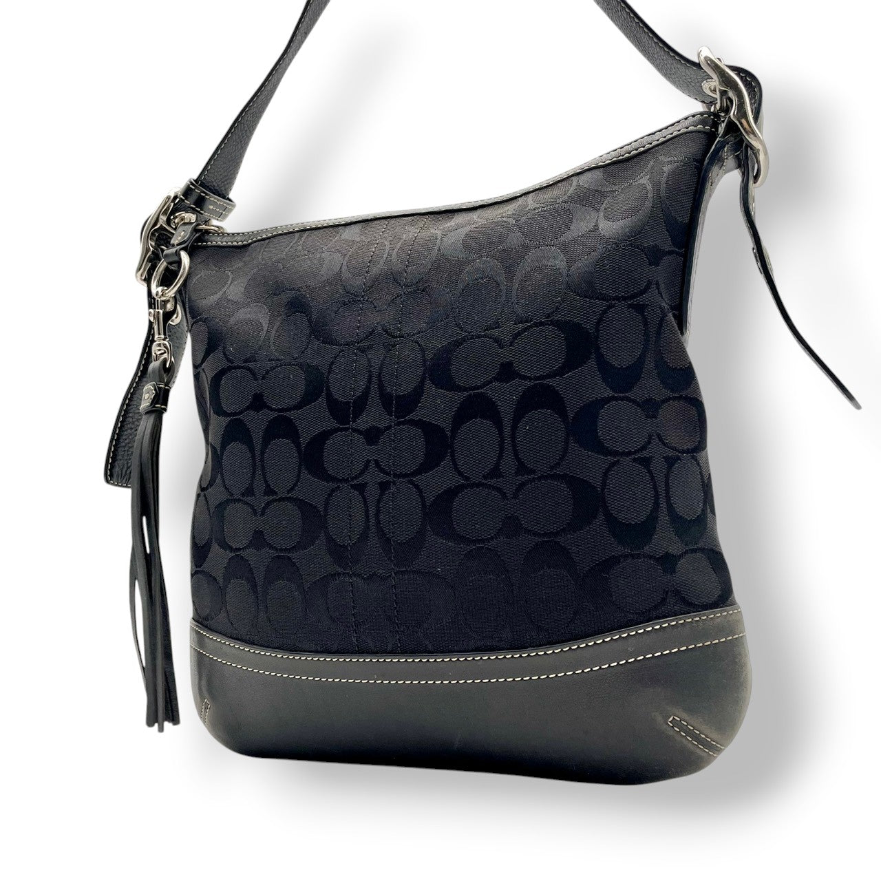 【美品】コーチ COACH ショルダーバッグ 斜め掛け可 シグネチャー キャンバス レザー ブラック 黒 ゴールド金具 9632 鞄 カバン レディース ロゴ チャーム エレガント 上品 モダン カジュアル デート ビンテージ感 クラシック S79