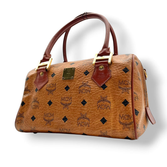 【美品】エムシーエム MCM ハンドバッグ ミニボストンバッグ ヴィセトス レザー 本革 ブラウン 茶色 総柄 ロゴ ビンテージ クラシック エレガント 華やか 上品 ボストン 鞄 手提げ 旅行 お出かけ ドイツ製 高級感 レディース 人気 定番 希少 S94