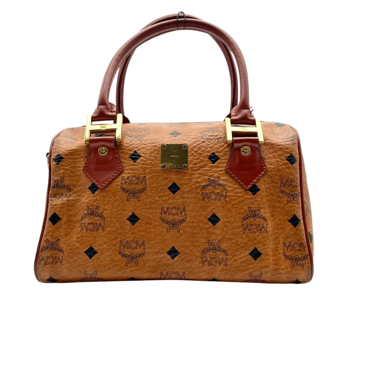 【美品】エムシーエム MCM ハンドバッグ ミニボストンバッグ ヴィセトス レザー 本革 ブラウン 茶色 総柄 ロゴ ビンテージ クラシック エレガント 華やか 上品 ボストン 鞄 手提げ 旅行 お出かけ ドイツ製 高級感 レディース 人気 定番 希少 S94
