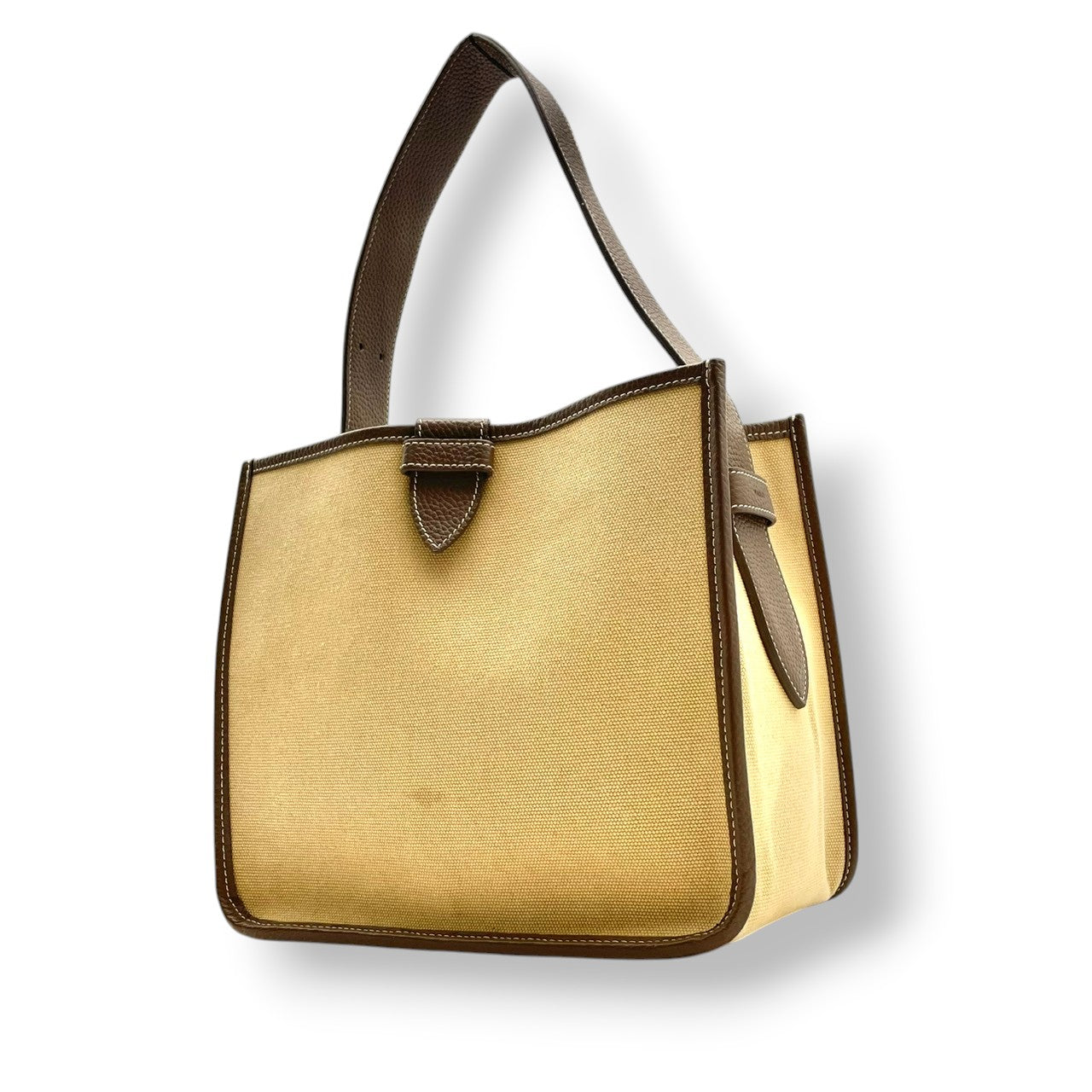 【美品】ヴァジック VASIC ワンショルダーバッグ トートバッグ キャンバス レザー ベージュ ブラウン 茶色 切替 デザイン ビンテージ クラシック エレガント 上品 都会的 モダン 自立可 鞄 肩掛け 手提げ レディース お出かけ デイリー S85