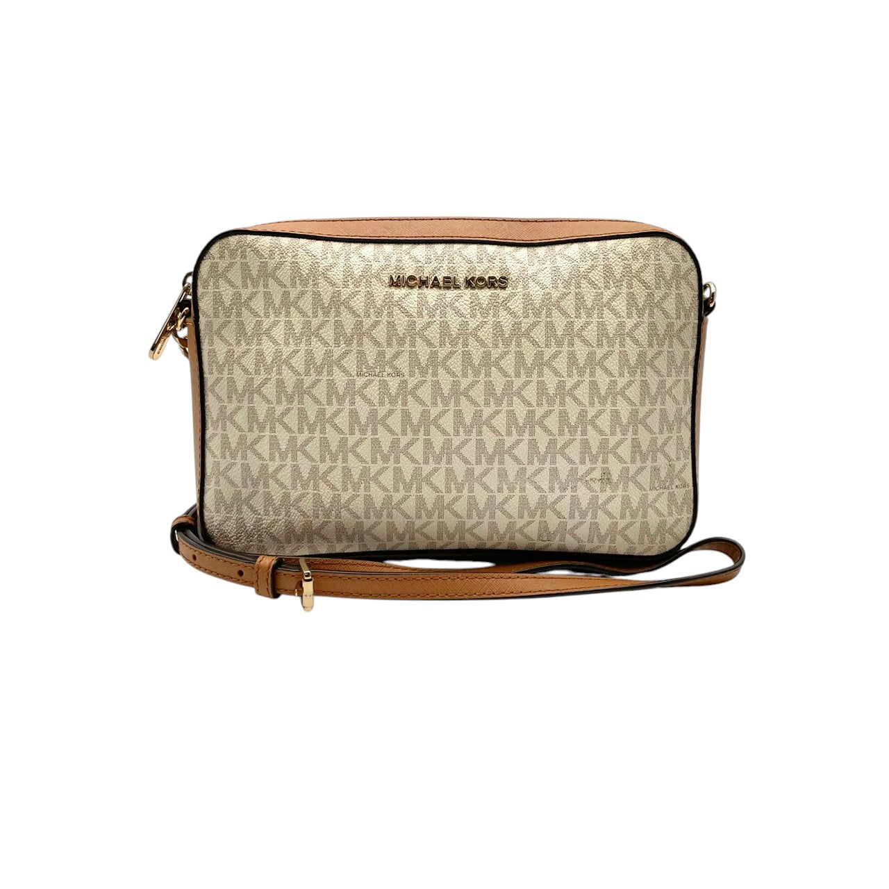 マイケルコース MICHAEL KORS ショルダーバッグ 斜め掛け可 肩掛け MKロゴ シグネチャー PVC レザー アイボリー ホワイト ベージュ ブラウン 茶色 総柄 ビンテージ クラシック エレガント 上品 スクエア 鞄 レディース 女子会 S85