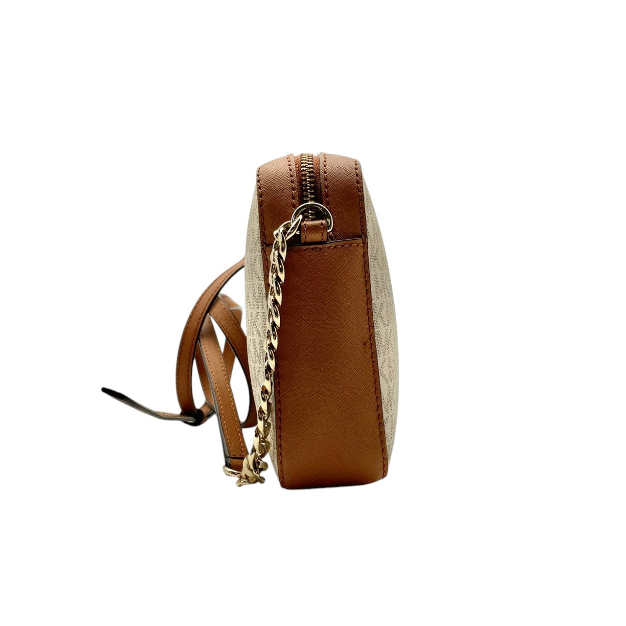 マイケルコース MICHAEL KORS ショルダーバッグ 斜め掛け可 肩掛け MKロゴ シグネチャー PVC レザー アイボリー ホワイト ベージュ ブラウン 茶色 総柄 ビンテージ クラシック エレガント 上品 スクエア 鞄 レディース 女子会 S85