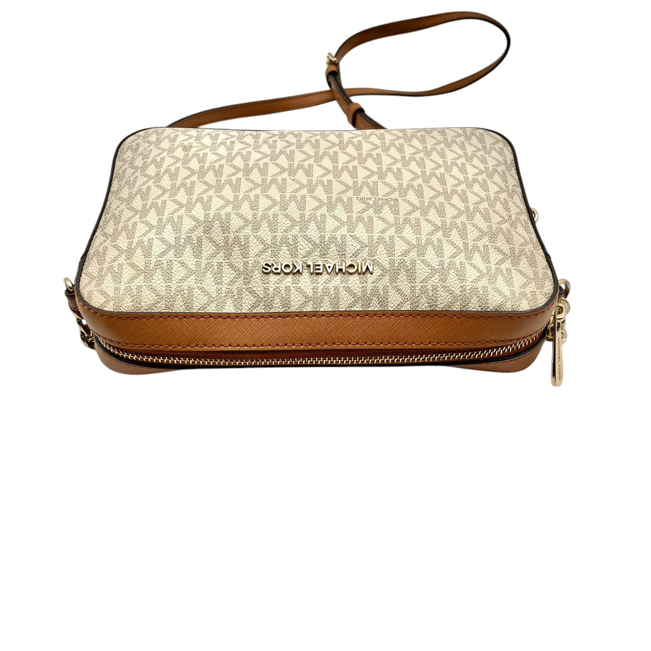 マイケルコース MICHAEL KORS ショルダーバッグ 斜め掛け可 肩掛け MKロゴ シグネチャー PVC レザー アイボリー ホワイト ベージュ ブラウン 茶色 総柄 ビンテージ クラシック エレガント 上品 スクエア 鞄 レディース 女子会 S85