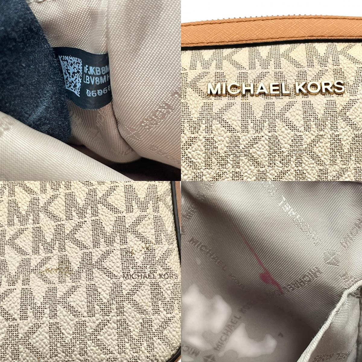 マイケルコース MICHAEL KORS ショルダーバッグ 斜め掛け可 肩掛け MKロゴ シグネチャー PVC レザー アイボリー ホワイト ベージュ ブラウン 茶色 総柄 ビンテージ クラシック エレガント 上品 スクエア 鞄 レディース 女子会 S85