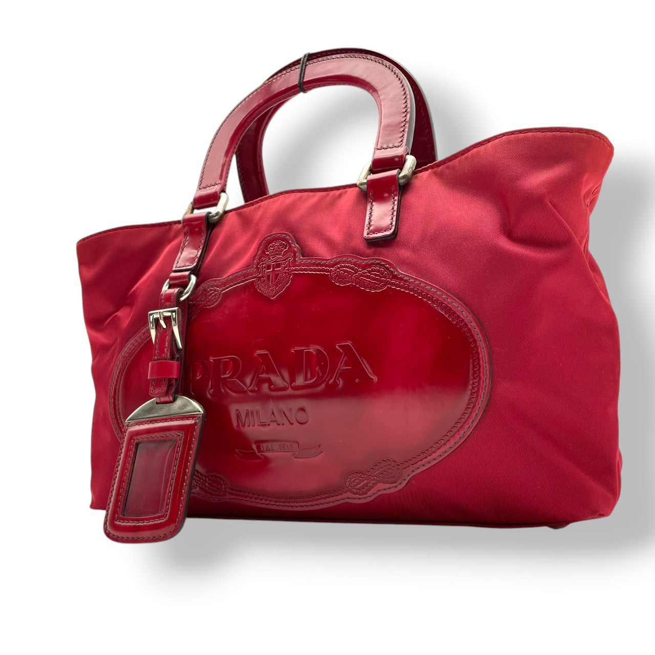 プラダ PRADA ハンドバッグ トートバッグ ミニバッグ ナイロン パテントレザー エナメル 三角ロゴ プレート テスート 本革 レッド 赤 ビンテージ クラシック エレガント レディース お出かけ 散歩 旅行 女子会 パーティ イタリア製 希少 S87