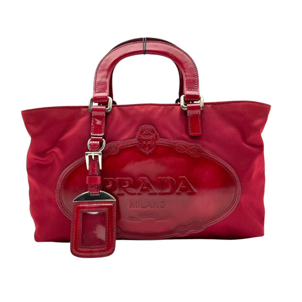 プラダ PRADA ハンドバッグ トートバッグ ミニバッグ ナイロン パテントレザー エナメル 三角ロゴ プレート テスート 本革 レッド 赤 ビンテージ クラシック エレガント レディース お出かけ 散歩 旅行 女子会 パーティ イタリア製 希少 S87
