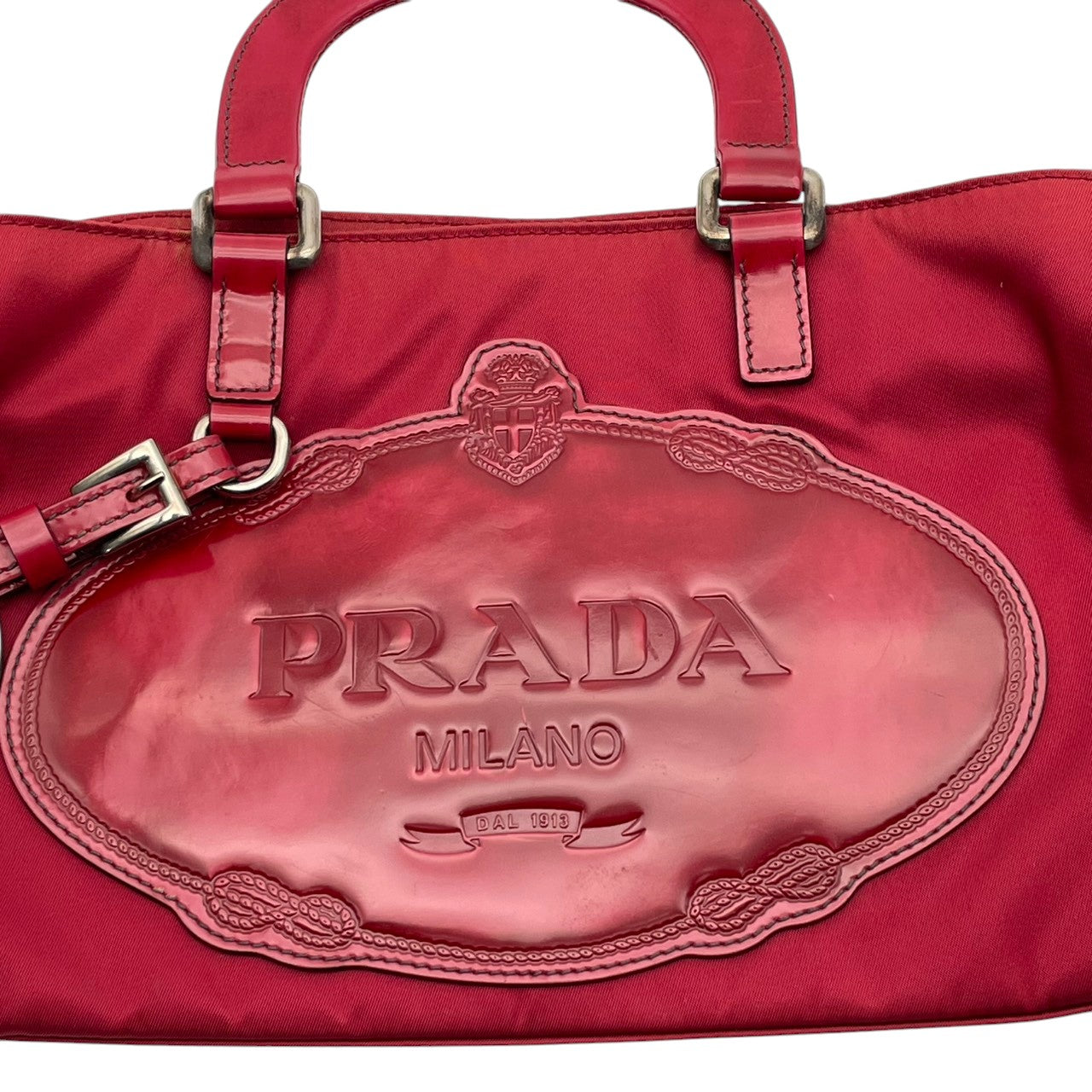プラダ PRADA ハンドバッグ トートバッグ ミニバッグ ナイロン パテントレザー エナメル 三角ロゴ プレート テスート 本革 レッド 赤 ビンテージ クラシック エレガント レディース お出かけ 散歩 旅行 女子会 パーティ イタリア製 希少 S87