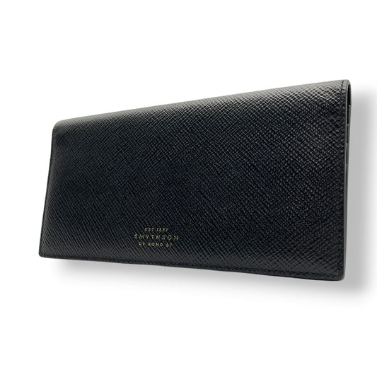 スマイソン SMYTHSON 長財布 ロングウォレット 札入れ パナマ レザー 本革 クロスグレイン ブラック 黒 無地 ビンテージ クラシック エレガント 上品 シンプル 極薄 スリム コンパクト 小物 財布 メンズ レディース ユニセックス 英国 m3