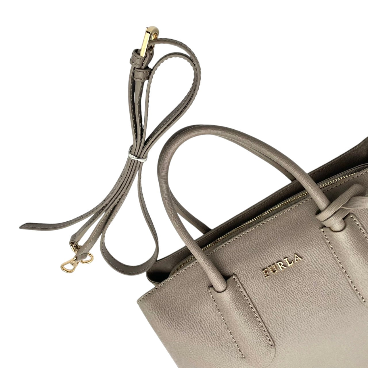 FURLA フルラ ハンドバッグ ショルダーバッグ 2WAY クロスボディ 斜め掛け可 レザー 本革 グレー 灰色 ロゴチャーム ファスナー エレガント クラシック カジュアル 通勤 通学 デイリー フォーマル カバン 鞄 自立可 レディース U4