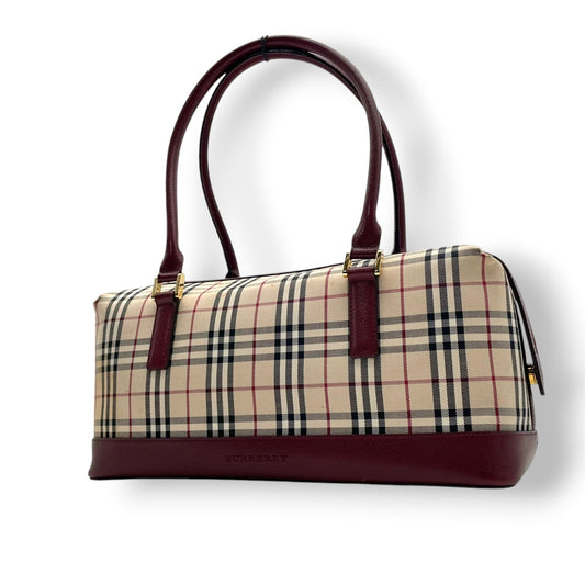 良品 バーバリー BURBERRY ハンドバッグ ミニボストン キャンバス レザー ノバチェック ベージュ ボルドー ワンショルダー 鞄 レディース カジュアル フォーマル クラシック エレガント ビンテージ レトロ デイリー お出かけ かばん カバン S96