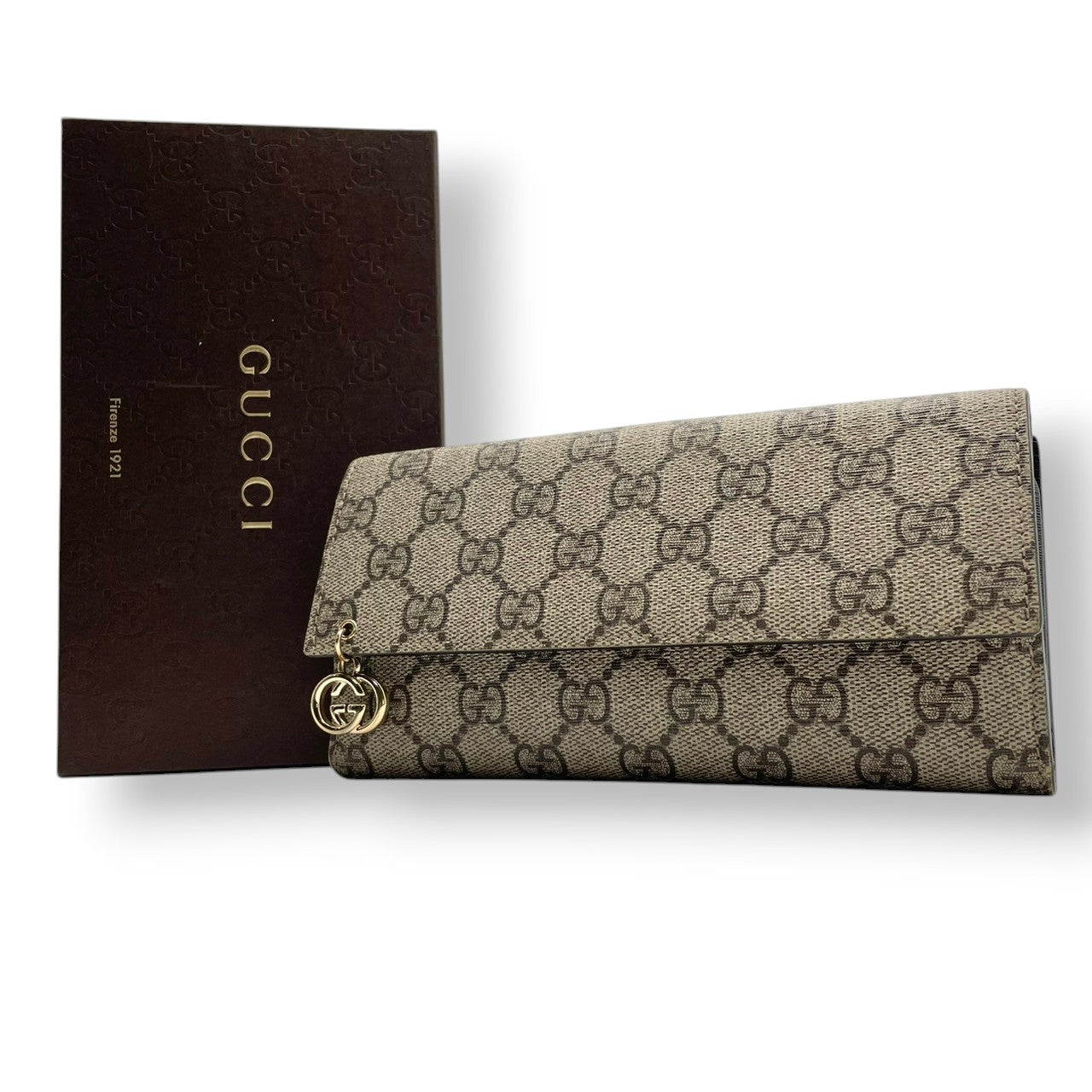 美品 グッチ GUCCI 長財布 ロングウォレット フラップ PVC レザー GGスプリーム シェリーライン リボン ブラウン 茶 レディース カジュアル フォーマル クラシック エレガント ビンテージ レトロ デイリー 通勤 通学 サイフ 小物 上品 M3