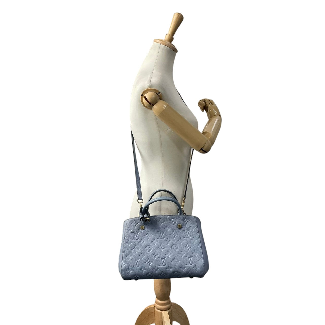 美品 ルイヴィトン LOUIS VUITTON ハンドバッグ モンテーニュBB モノグラムアンプラント レザー 2WAY ショルダーバッグ ハンドバッグ ライトブルー 斜め掛け クロスボディ 自立可 レディース 上品 クラシック エレガント 鞄 s18