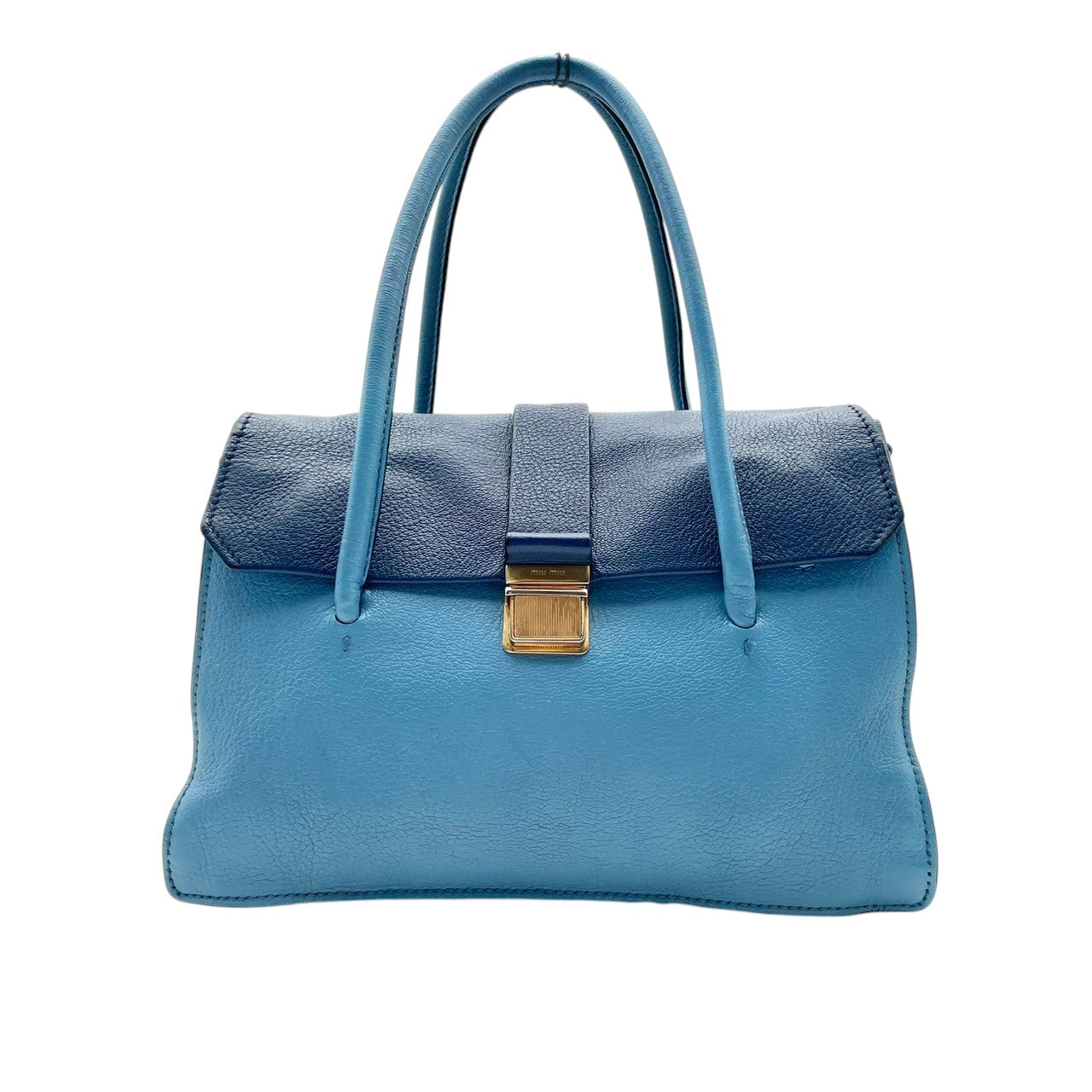 良品 ミュウミュウ miumiu マテラッセ 2WAY ハンドバッグ ショルダーバッグ 斜め掛け可 自立可 レザー 本革 ネイビー 水色 バイカラー ゴールド金具 レディース カジュアル エレガント クラシック ビンテージ 上品 華やか 鞄 かばん S18