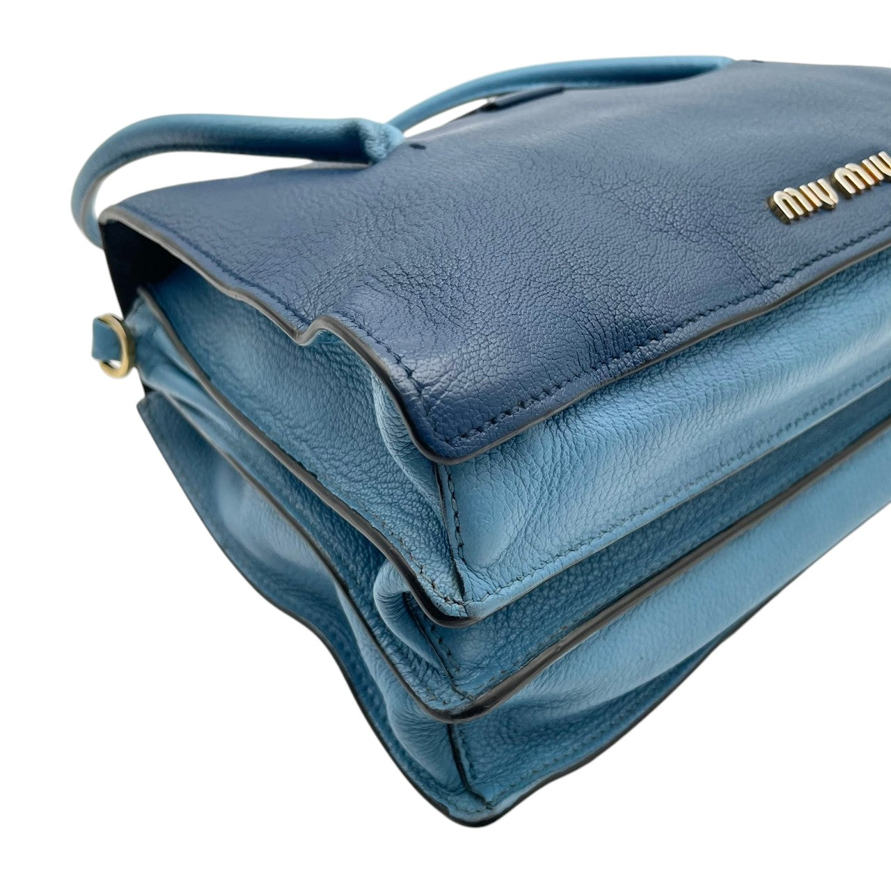 良品 ミュウミュウ miumiu マテラッセ 2WAY ハンドバッグ ショルダーバッグ 斜め掛け可 自立可 レザー 本革 ネイビー 水色 バイカラー ゴールド金具 レディース カジュアル エレガント クラシック ビンテージ 上品 華やか 鞄 かばん S18