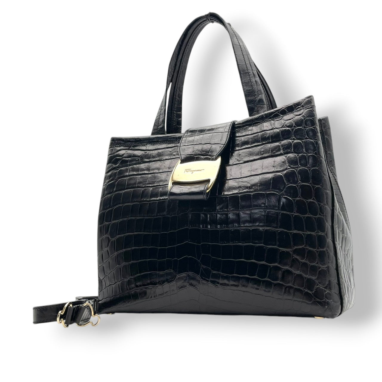 美品 フェラガモ Ferragamo ヴァラ リボン 2WAY ハンドバッグ ショルダーバッグ 斜め掛け可 自立可 レザー 本革 ブラック 黒 ゴールド金具 レディース フォーマル エレガント クラシック ビンテージ 上品 華やか 鞄 かばん カバン S18