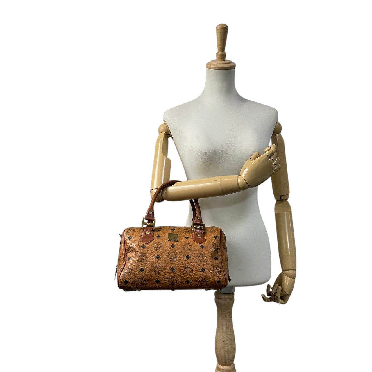 良品 エムシーエム MCM ヴィセトス ミニボストンバッグ ハンドバッグ レザー 本革 ブラウン 茶色 モノグラム ロゴ 総柄 レディース カジュアル ヴィンテージ レトロ クラシック エレガント 上品 鞄 かばん カバン お出かけ 普段使い 華やか S15