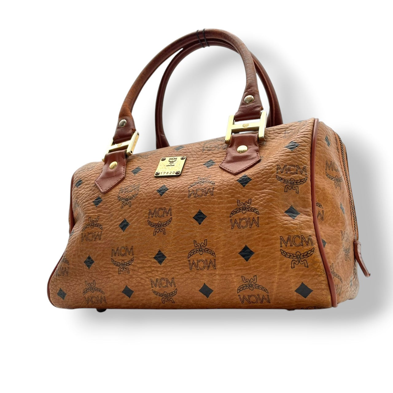 良品 エムシーエム MCM ヴィセトス ミニボストンバッグ ハンドバッグ レザー 本革 ブラウン 茶色 モノグラム ロゴ 総柄 レディース カジュアル ヴィンテージ レトロ クラシック エレガント 上品 鞄 かばん カバン お出かけ 普段使い 華やか S15