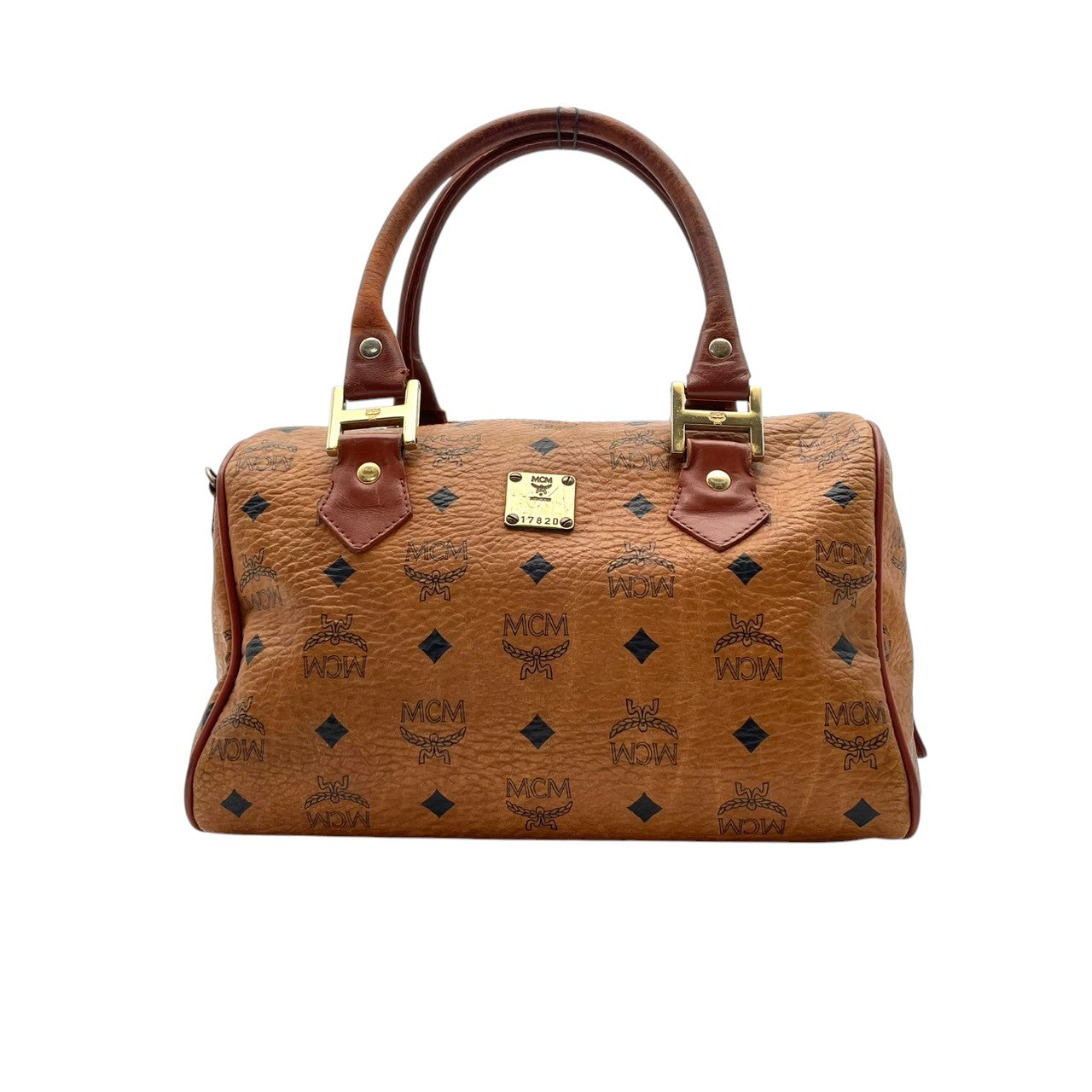 良品 エムシーエム MCM ヴィセトス ミニボストンバッグ ハンドバッグ レザー 本革 ブラウン 茶色 モノグラム ロゴ 総柄 レディース カジュアル ヴィンテージ レトロ クラシック エレガント 上品 鞄 かばん カバン お出かけ 普段使い 華やか S15