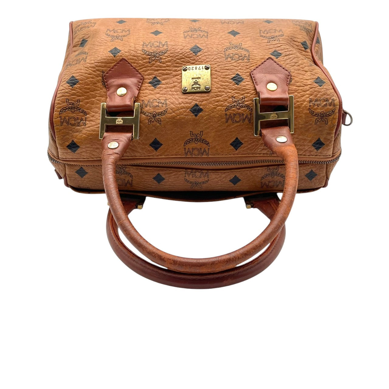 良品 エムシーエム MCM ヴィセトス ミニボストンバッグ ハンドバッグ レザー 本革 ブラウン 茶色 モノグラム ロゴ 総柄 レディース カジュアル ヴィンテージ レトロ クラシック エレガント 上品 鞄 かばん カバン お出かけ 普段使い 華やか S15