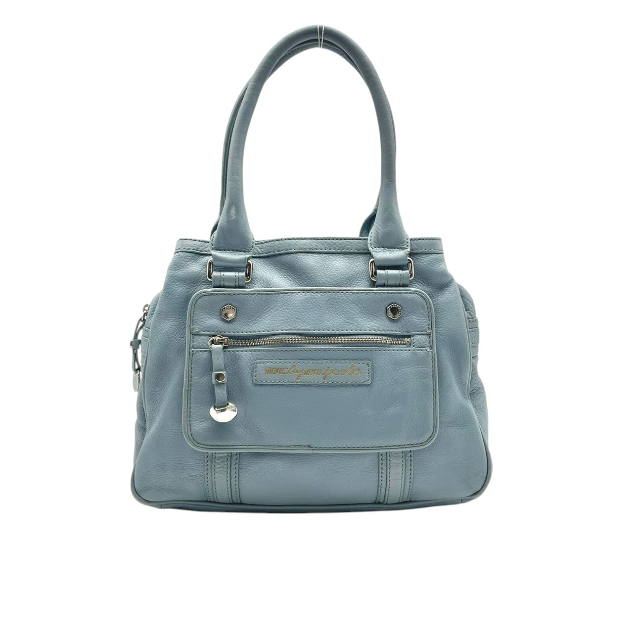良品 マークバイマークジェイコブス MARC BY MARC JACOBS トートバッグ ハンドバッグ レザー 本革 ワンショルダー 肩掛け A4収納 通勤 通学 ビジネス 水色 ライトブルー パステルカラー レディース エレガント クラシック ビンテージ シンプル 自立可 S24