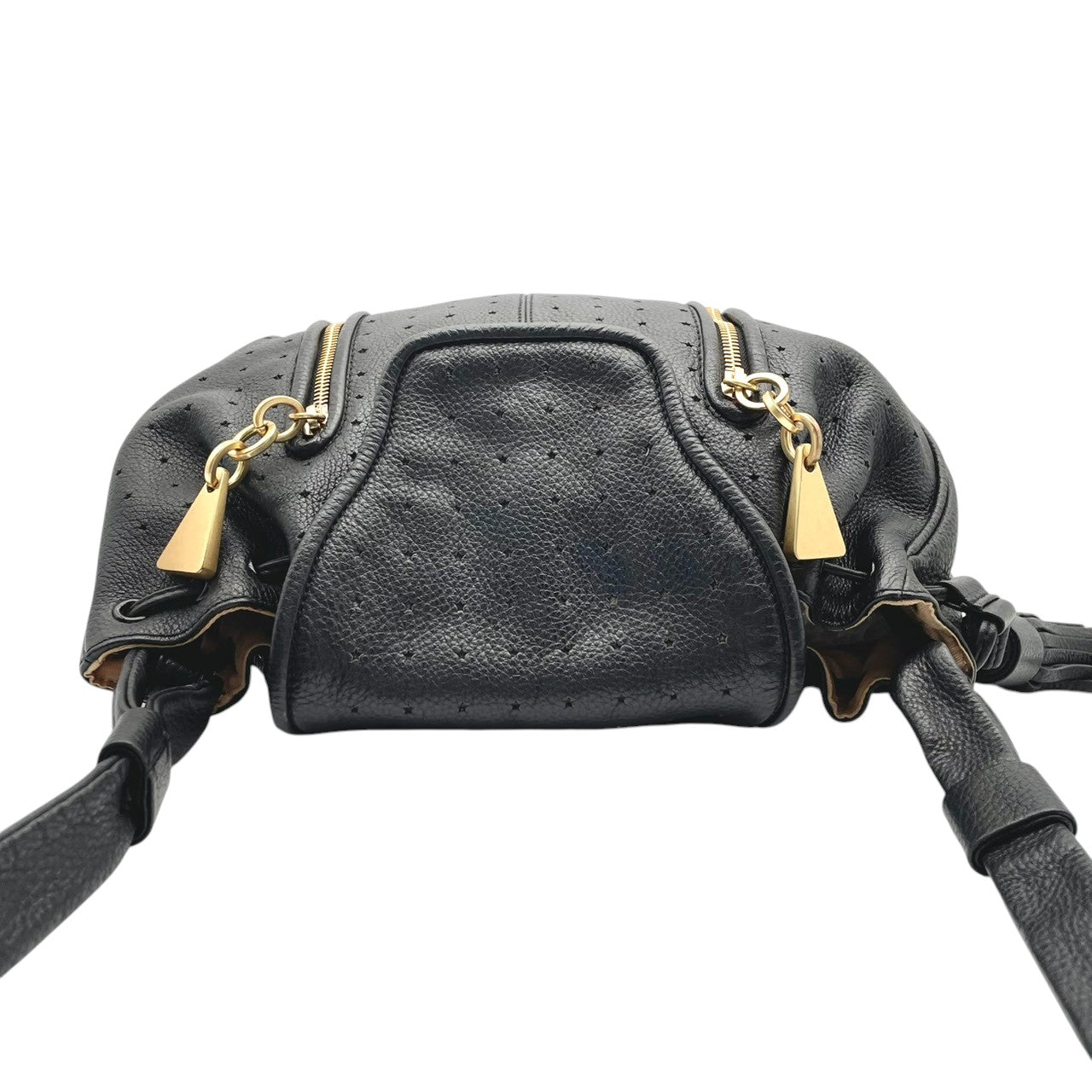 美品 シーバイクロエ SeeByChloe ショルダーバッグ クロスボディ レザー 本革 ブラック 黒 星柄 パンチング タッセル フリンジ ゴールド金具 斜め掛け可 肩掛け レディース エレガント クラシック カジュアル お出かけ 良品 保証書 S23
