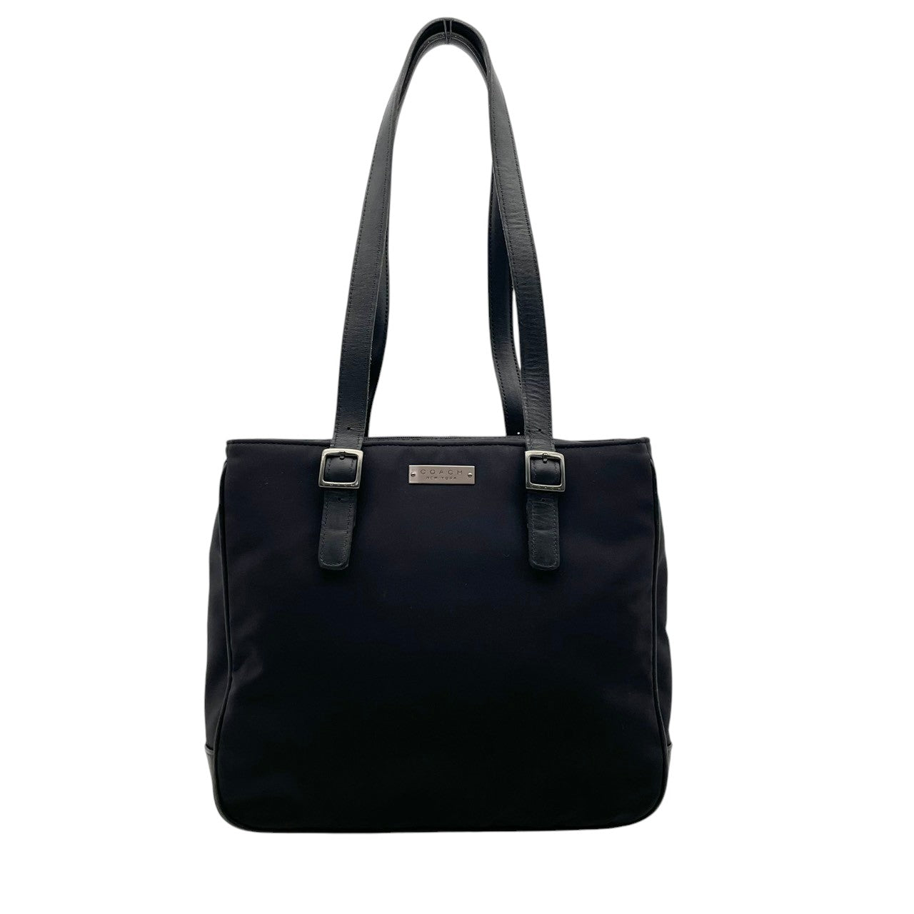 【美品】コーチ COACH トートバッグ 6241 ナイロン レザー ブラック 黒 肩掛け ワンショルダー A4収納 自立可 ビンテージ クラシック エレガント 上品 定番 人気 レディース 通勤 通学 お出かけ ビジネス シルバー金具 ロゴプレート S9