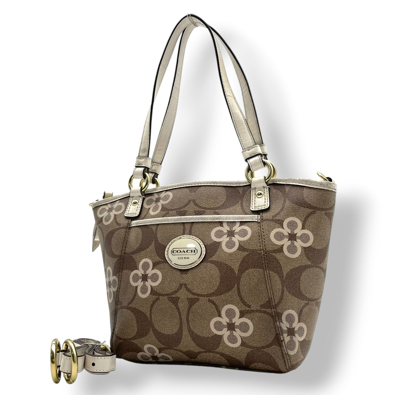 【美品】コーチ COACH 2way ショルダーバッグ F20811 シグネチャー 花柄 クローバー PVC レザー 茶 白 斜め掛け可 ワンショルダー 自立可 ビンテージ クラシック エレガント 上品 レディース お出かけ 華やか 人気 ゴールド金具 S9